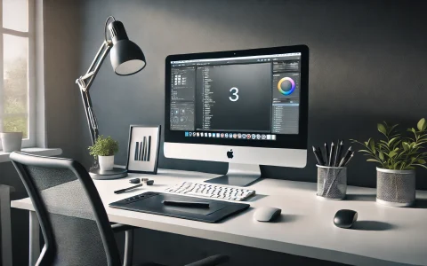 DALL·E 2025-03-01 19.08.19 - A realistic web designer's desk setup featuring a Mac computer. The workspace is modern and minimalistic, with a clean