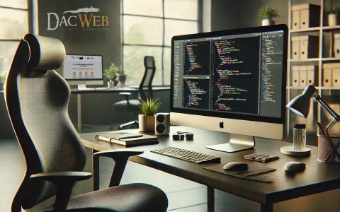 DALL·E 2025-03-01 19.08.23 - A realistic programmers desk setup featuring a Mac computer displaying PHP code on the screen. The workspace is moder