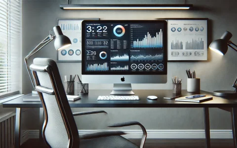 DALL·E 2025-03-01 19.08.26 - A realistic digital marketer's desk setup featuring a Mac computer displaying analytics and ad campaign dashboards. Th